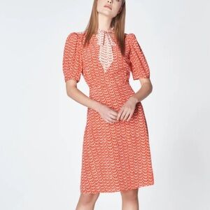 L.K. Bennett Asa Silk Tie Neck Tea Dress in Red/Multi Size US 6